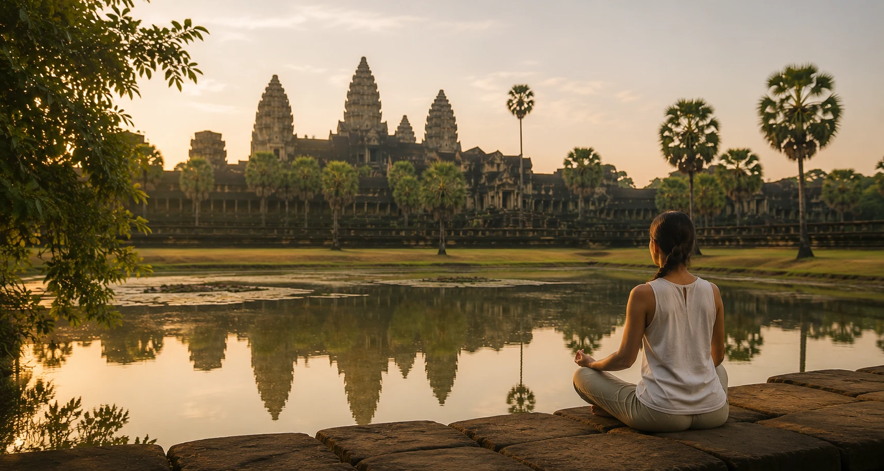 Meditation overlooking Angkor Wat at golden hour
