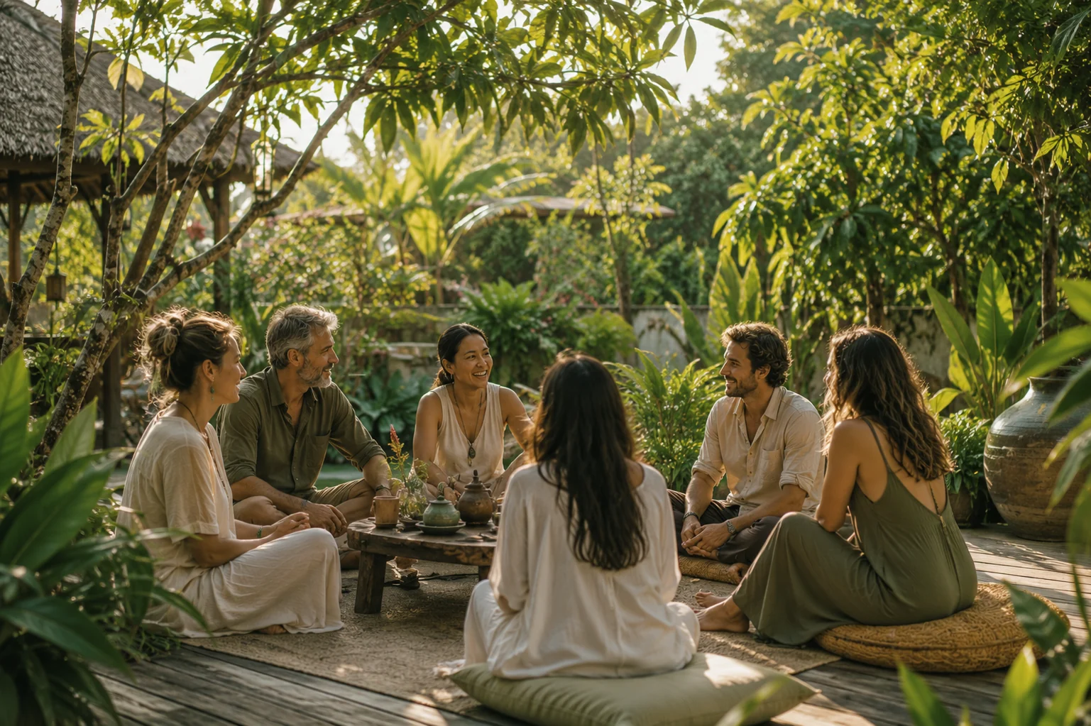 Retreat community gathering in a tropical garden