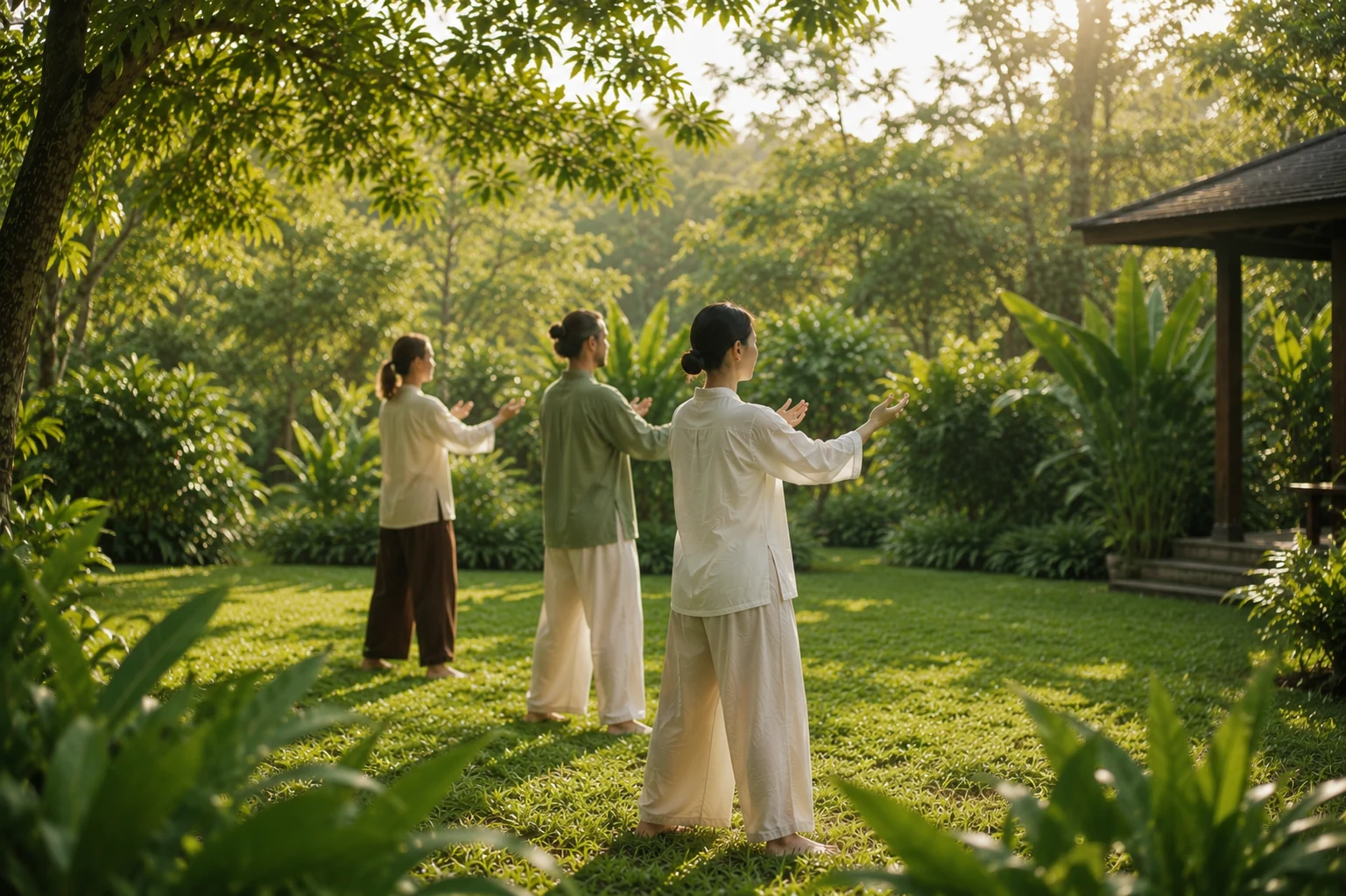Zhineng Qi Gong practice in a tropical garden